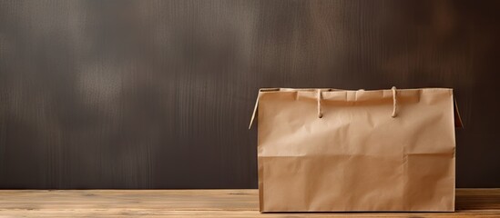 Poster - Craft paper bag and cardboard blank box showcased on a wooden table against a isolated pastel background Copy space