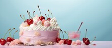 Colorful Towel Underneath A Birthday Cake Topped With Whipped Cream Cherries And White Chocolate Shavings Isolated Pastel Background Copy Space