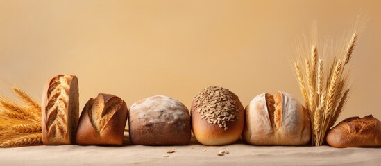 Wall Mural - Delicious freshly baked bread with various grains seen from the side on a isolated pastel background Copy space close up