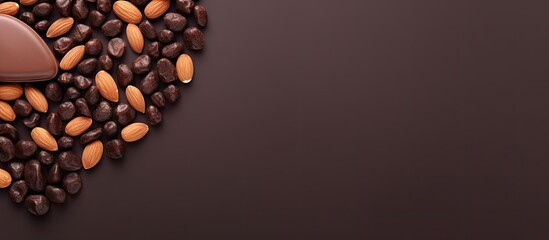 Poster - Dark chocolate with nuts displayed separately on a isolated pastel background Copy space Heart shaped chocolate with raisins and nuts