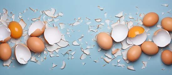 Poster - Cracked eggshells collected isolated pastel background Copy space