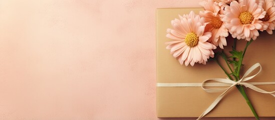 Poster - Ecoconscious gift packed in recyclable paper tied with a unique bow isolated pastel background Copy space