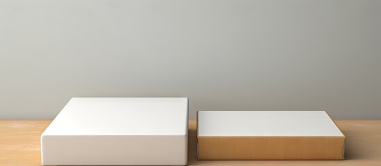 Poster - Free space on a white table with stacked cardboard boxes isolated pastel background Copy space