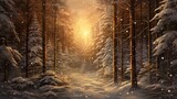  a painting of a snowy forest with a sun setting in the distance.  generative ai
