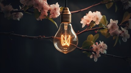 Poster -  a light bulb hanging from a tree branch with pink flowers.  generative ai