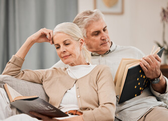 Poster - Old couple, relax on sofa and reading book, retirement and support with time together at home. People in living room, knowledge and literature, leisure and hobby with love and comfort with story