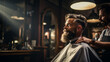 Barbershop concept. portrait of attractive severe brutal red bearded young guy. He has a perfect hairstyle, modern stylish haircut