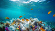 Underwater view of plastic waste on a coral reef with colorful tropical fish in the ocea.Concept of microplastic particles in the water and inside fish.