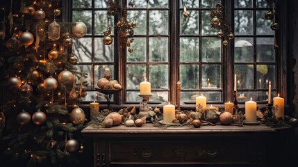 Poster -  a table topped with candles next to a window covered in christmas decorations.  generative ai