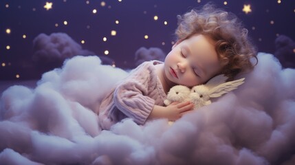 Canvas Print - A baby sleeping on a cloud with a stuffed animal