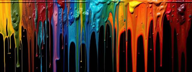 Dripping paint on isolated background. Mixing different colored paints, artistic painting, colorful. Wide long banner style . Generative AI