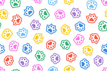 Fun Colorful Cat Paw Doodle. Kawaii Seamless Pattern With Cat Footprint.