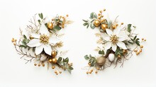  Two Christmas Wreaths With Gold And White Decorations On Them.  Generative Ai