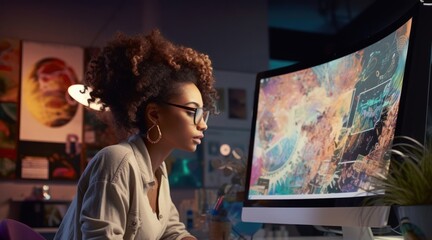 Wall Mural - Black Female Graphic Designer Professional Job Work Environment Background Generative AI