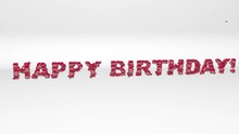 Word Happy Birthday In 3D Style. Cartoon Style 3D And Glossy Happy Birthday Text. Red Happy Birthday Text In 3D. Design Text For Game. Grey Background