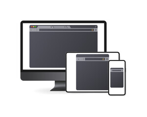 Aufkleber - Browser layout on screens. Flat, gray, browser on the screen, phone screen, tablet, monitor, browser layout. Vector illustration
