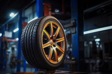 Wall Mural - Close-up of a tire changer In the process of checking the condition of new tires that are in stock to be replaced at a service center or auto repair shop Tire depot for the automobile industry