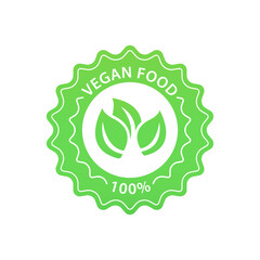 Wall Mural - Vegan Food Icon Badge Sign Vector Design. Organic Product Logo. Raw, healthy food icon, tag for cafes, restaurants, packaging. 100% vegan lettering. Organic design template. Vector illustration