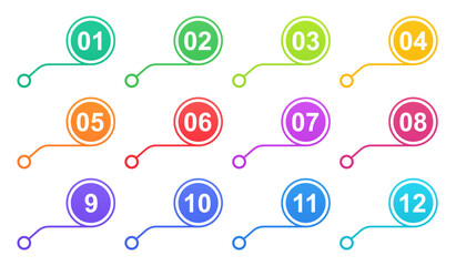 Poster - Bullet numbers. Infographic buttons and points. Icon with numbers from 1 to 12. 3d pointers for promotion. Colorful gradient markers for badges tags. Modern logos in map interface. Vector illustration