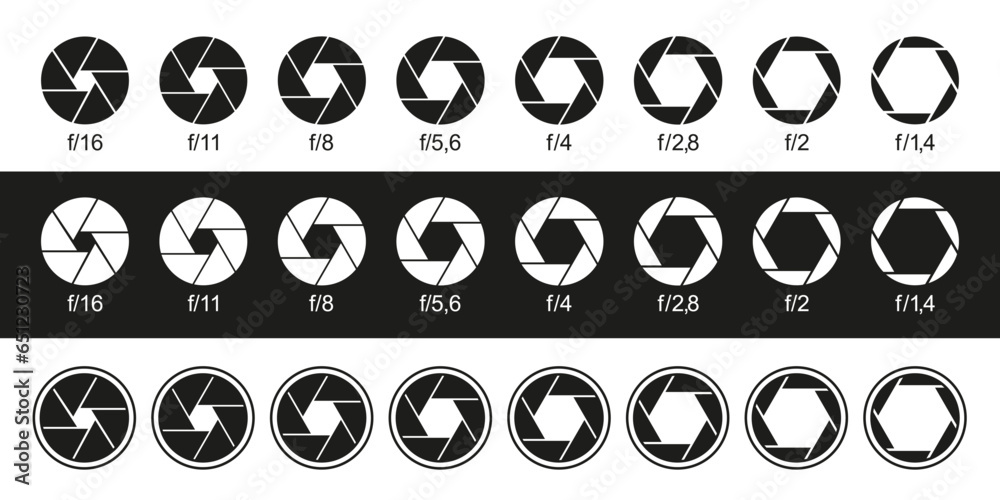 Set of black camera shutter icons on white background. Camera lens ...
