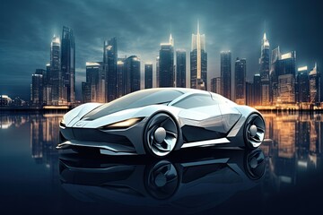 Wall Mural - Futuristic concept car in the city background.