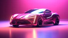 Futuristic Concept Car With Pink And Blue Cyberpunk Neon Light In The Showroom Background.