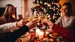 © Meow Creations - female friends clinking glasses of champagne while celebrating Christmas at home