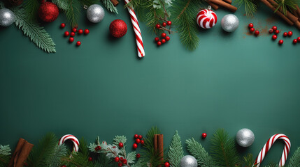 christmas frame with christmas decorations and green background with space for text: pine cones, can