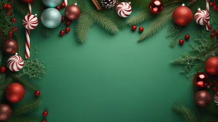 christmas frame with christmas decorations in the border and green background with copy space for te
