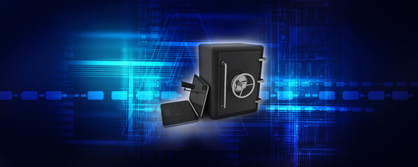 Poster - 3d rendering Surveillance CCTV Security Camera connected laptop near locker
    