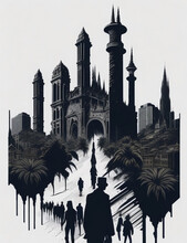 Illustration Of The City Of Barcelona A Monochromatic Vintage Double Exposure 2
