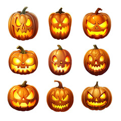 Wall Mural - Night Time Pumpkins Lit Up for The Halloween Party. Night Jack O lanterns Set of 9 Classic 3d Pumpkin Faces PNGs on Transparent Background