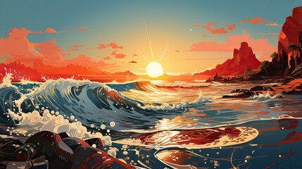 Canvas Print -  a painting of a sunset over a body of water with waves.  generative ai