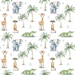 Wall Mural - Watercolor childish seamless pattern with cute cartoon safari animals isolated on white background.