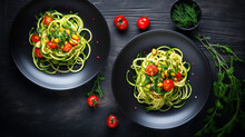 A Plate Of Zucchini Pasta With Tomatoes And Basil On A Gray Table
