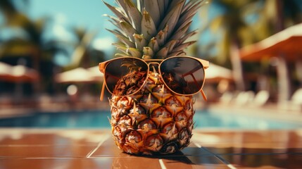 Wall Mural - Funny pineapple in sunglasses near swimming pool.