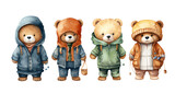 Fototapeta Koty - A collection of cute teddy bears in various outfits, male, female and children, watercolor style for decorating festival cards.