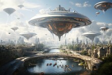 Fantasy alien planet. 3d rendering. Futuristic city, Create a futuristic cityscape of Asunción, where drones and flying cars seamlessly navigate the skies above architectural marvels, AI Generated