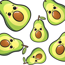 Cute Happy Funny Avocado. Vector Happy Cute Smiling Avocado Face, Kawaii Fruit Character, Fruit Sticker, Seamless Pattern With The Image Of Emoji Avocado And Hearts On A Blue Background