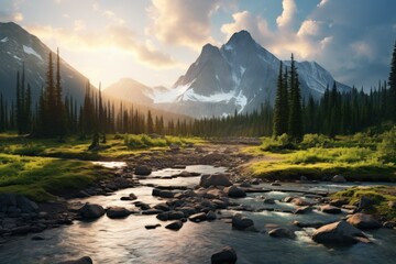 Wall Mural - Canada landscape with mountains, river and forest. Beautiful nature. Generative AI Art.