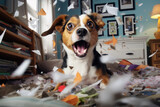 Fototapeta  - Happy dog make mess in living room. Naughty pet damaged apartment