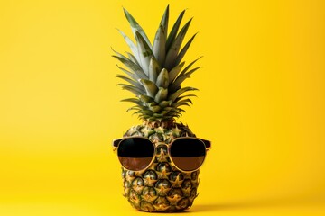 Wall Mural - Beautiful fresh ripe fruit pineapple in sunglasses on yellow backround.  Leisure in summer and holiday vacation concept.