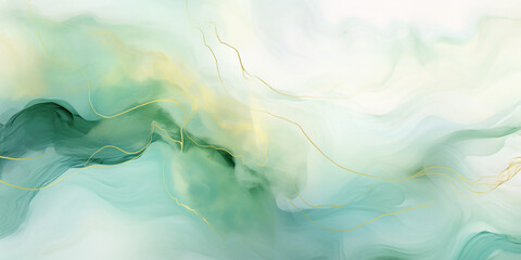 abstract watercolor background illustration, pastel green color and gold marble lines. AI generative