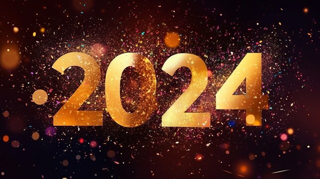 Happy New 2024 Year poster template with Sparkles bokeh, AI generated
