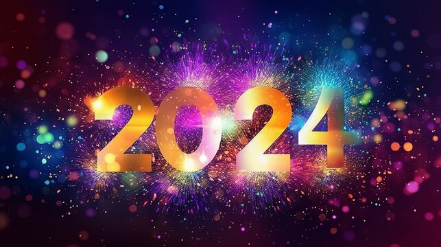 Happy New 2024 Year poster template with Sparkles bokeh, AI generated