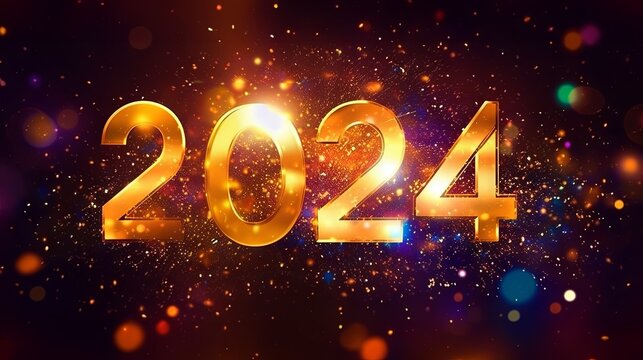Happy New 2024 Year poster template with Sparkles bokeh, AI generated