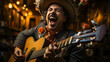 Joyful mariachi musician exudes ecstasy, his smile radiating happiness. With a guitar in hand and traditional sombrero, he is absolutely elated and delighted.