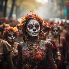 Day of The Dead. Woman with sugar skull makeup on a floral background in the street. AI Generated