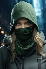 Canvas Print - a woman wearing a green scarf and a hood