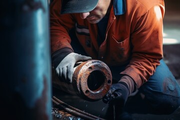 Poster - A man wearing an orange jacket is seen diligently working on a pipe. This image can be used to depict manual labor, construction work, or plumbing repairs.